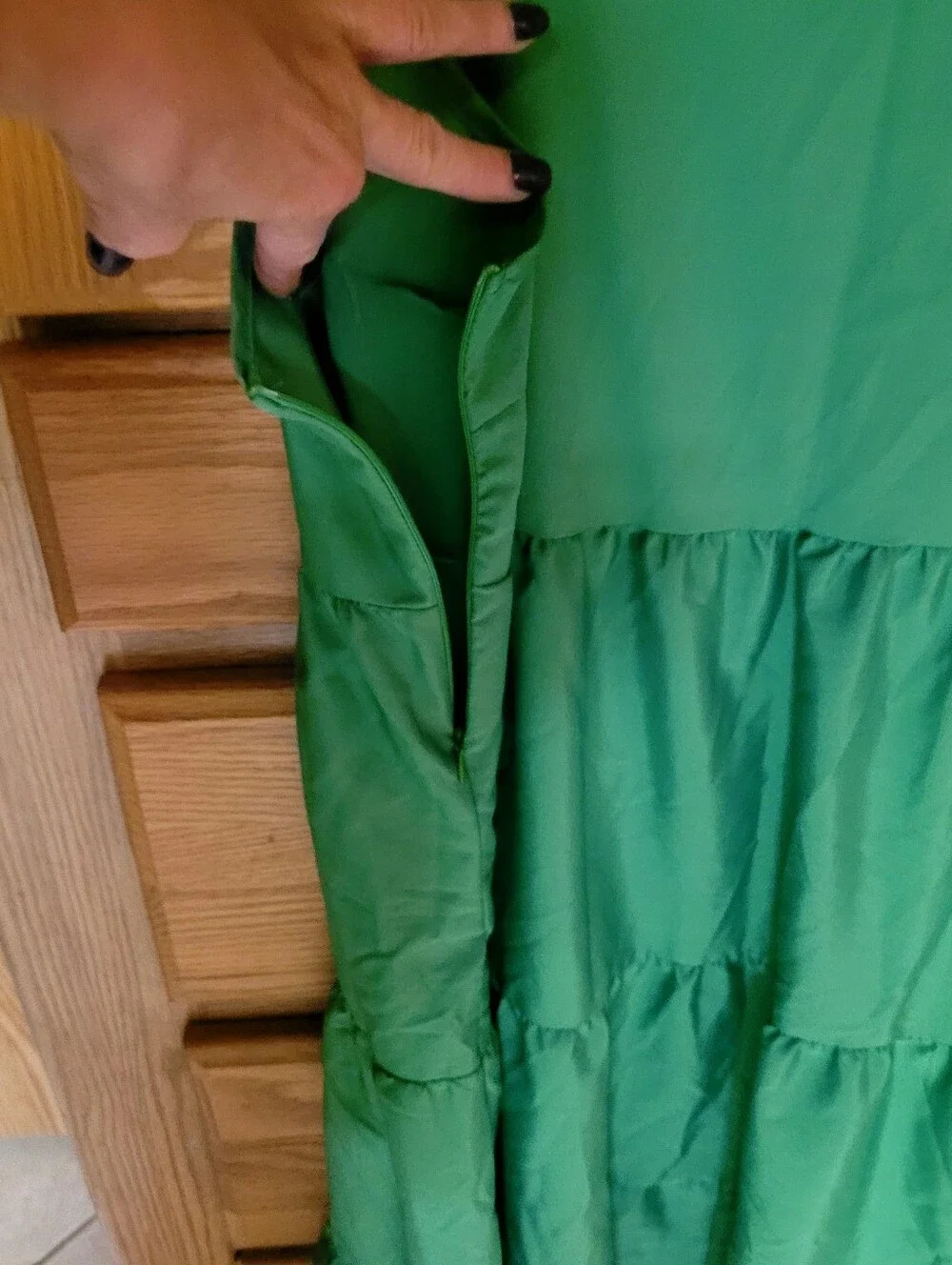 Green Sleeveless Dress With Gathered Tiered Ruffles, Size L